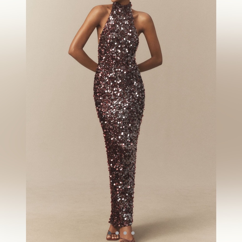 Elegant Sequin Halter Dress - Burgundy